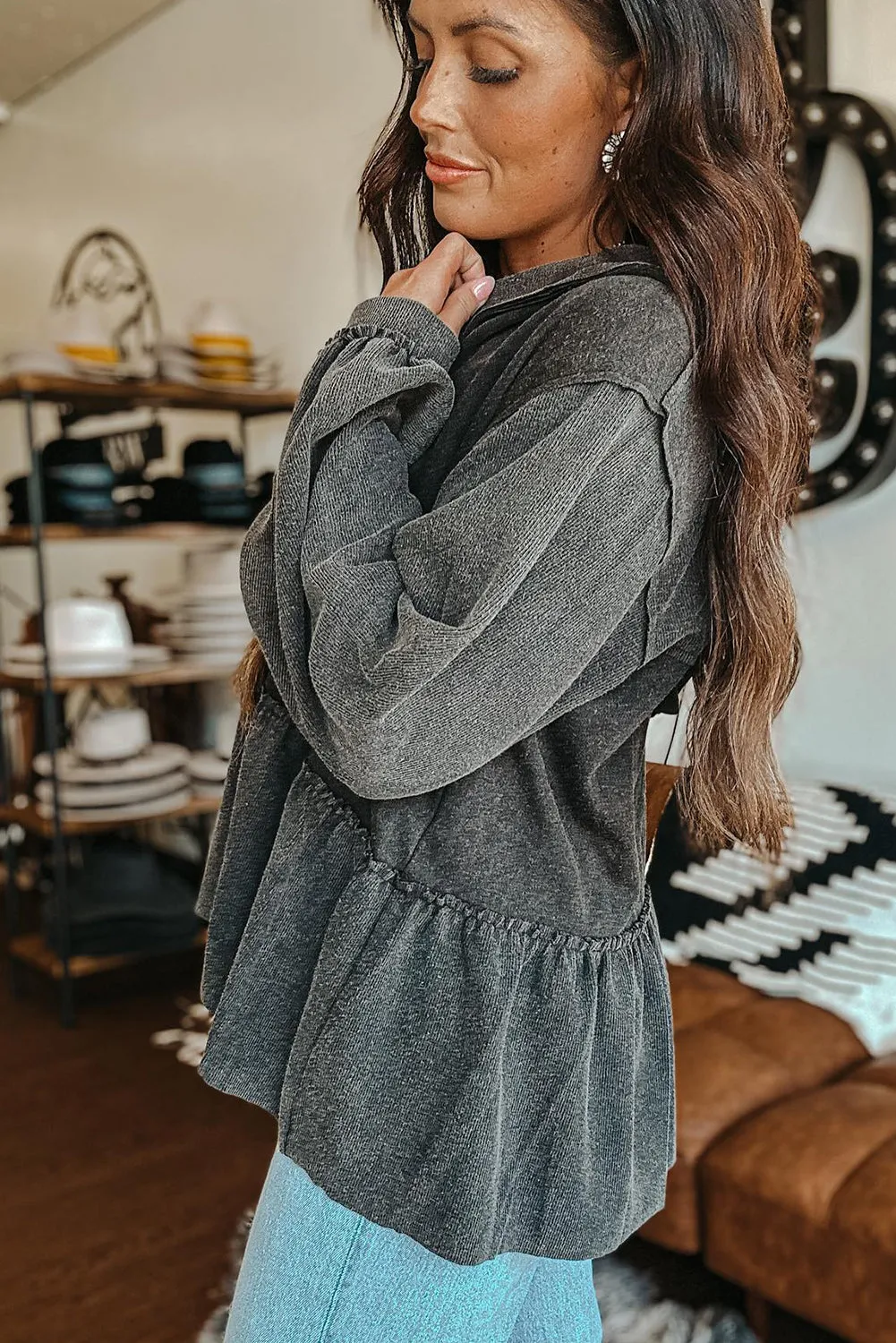 Medium Grey Vintage Frilled Detail V Neck Peplum Sweatshirt