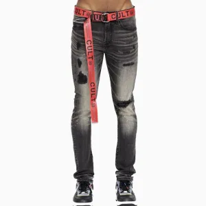 Men's Punk Super Skinny Belted Denim Jeans