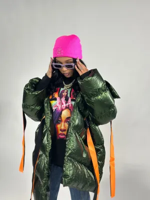 Metallic Green Puffer Jacket With Orange Straps