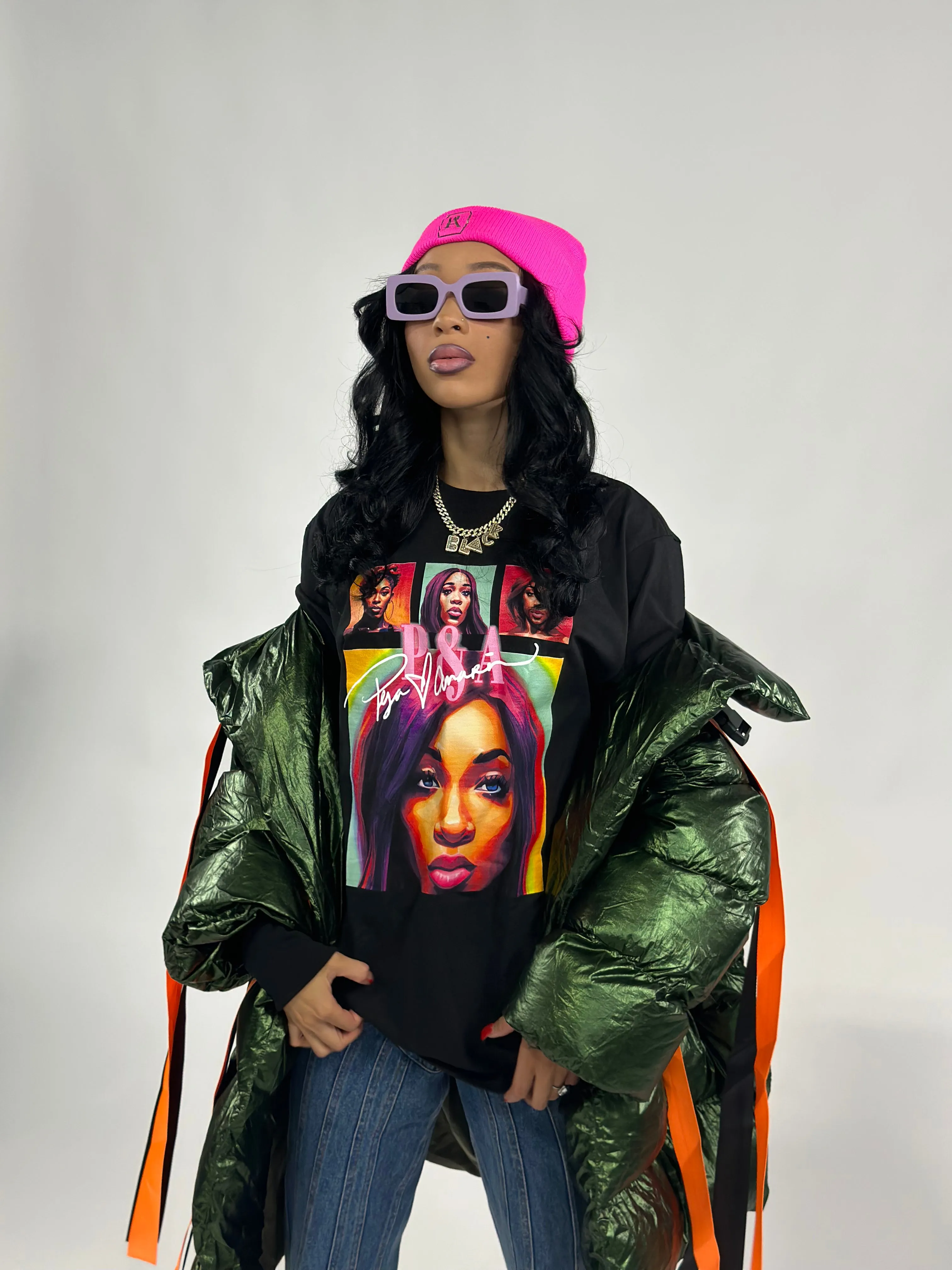 Metallic Green Puffer Jacket With Orange Straps