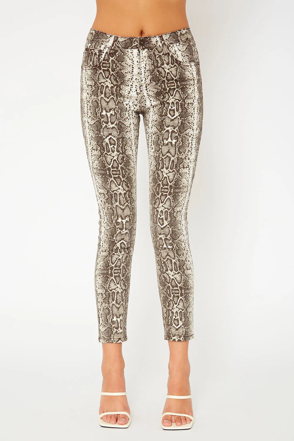 Mid-rise brown snake print super skinny pants