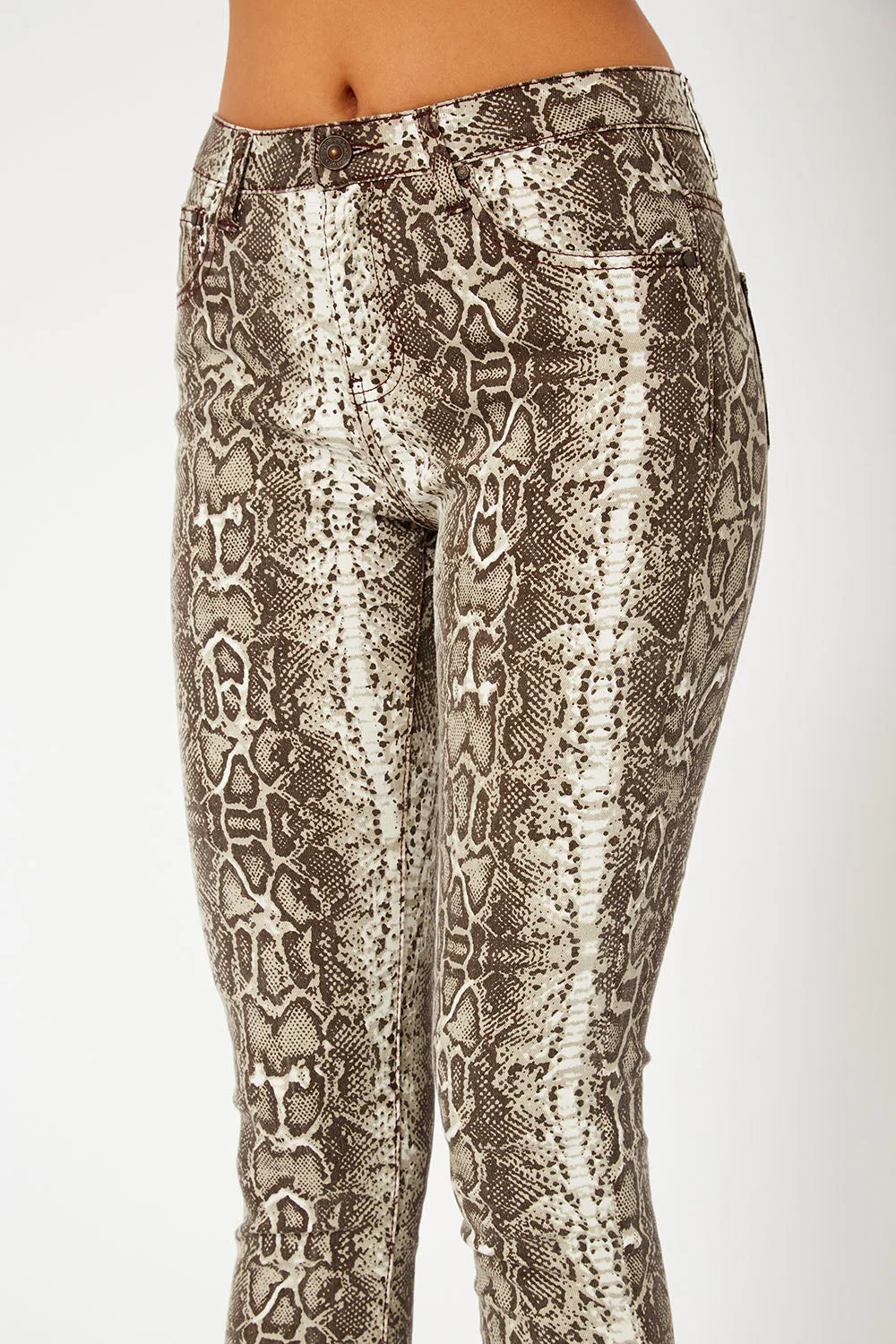 Mid-rise brown snake print super skinny pants