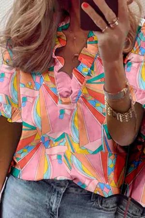 Multicolor Abstract Geometry Print Frilled V Neck Blouse