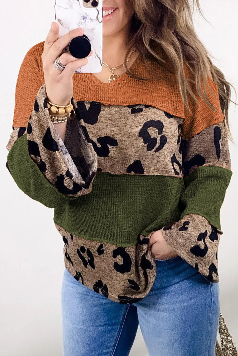 Multicolour Colorblock Patchwork V-Neck Loose Sleeve Knit Top