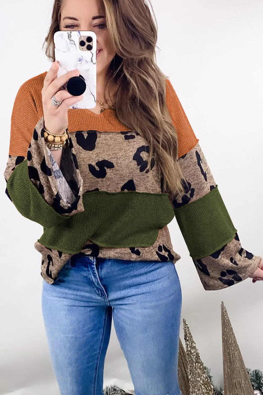Multicolour Colorblock Patchwork V-Neck Loose Sleeve Knit Top