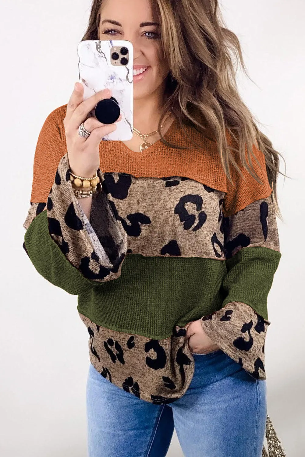 Multicolour Colorblock Patchwork V-Neck Loose Sleeve Knit Top
