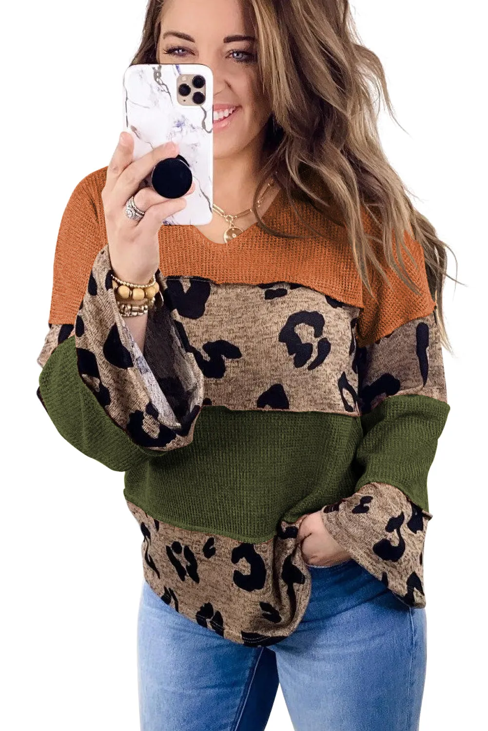 Multicolour Colorblock Patchwork V-Neck Loose Sleeve Knit Top