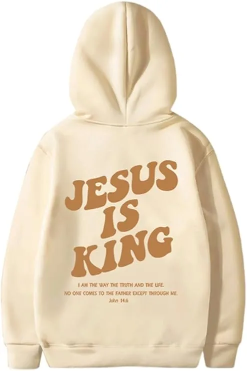 NEW PANOZON Jesus is King Hoodie Christian Faith Religious God Tops Man Woman Pullover Sweatshirt Longsleeve, Beige, Sz M