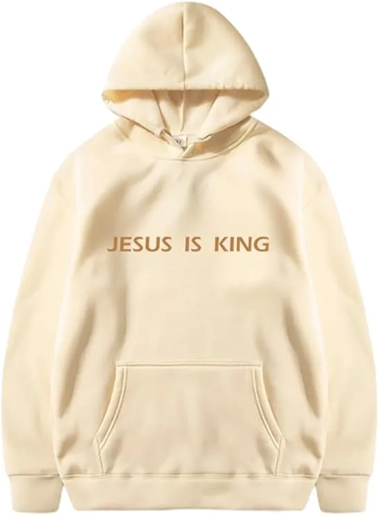 NEW PANOZON Jesus is King Hoodie Christian Faith Religious God Tops Man Woman Pullover Sweatshirt Longsleeve, Beige, Sz M