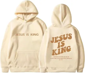 NEW PANOZON Jesus is King Hoodie Christian Faith Religious God Tops Man Woman Pullover Sweatshirt Longsleeve, Beige, Sz M