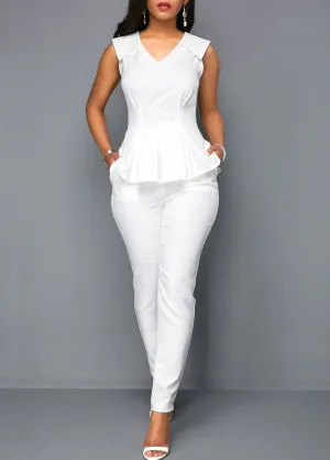 NEW Retails $85 MODLILY DESIGN V Neck Peplum Sleeveless White Jumpsuit Sz M, White