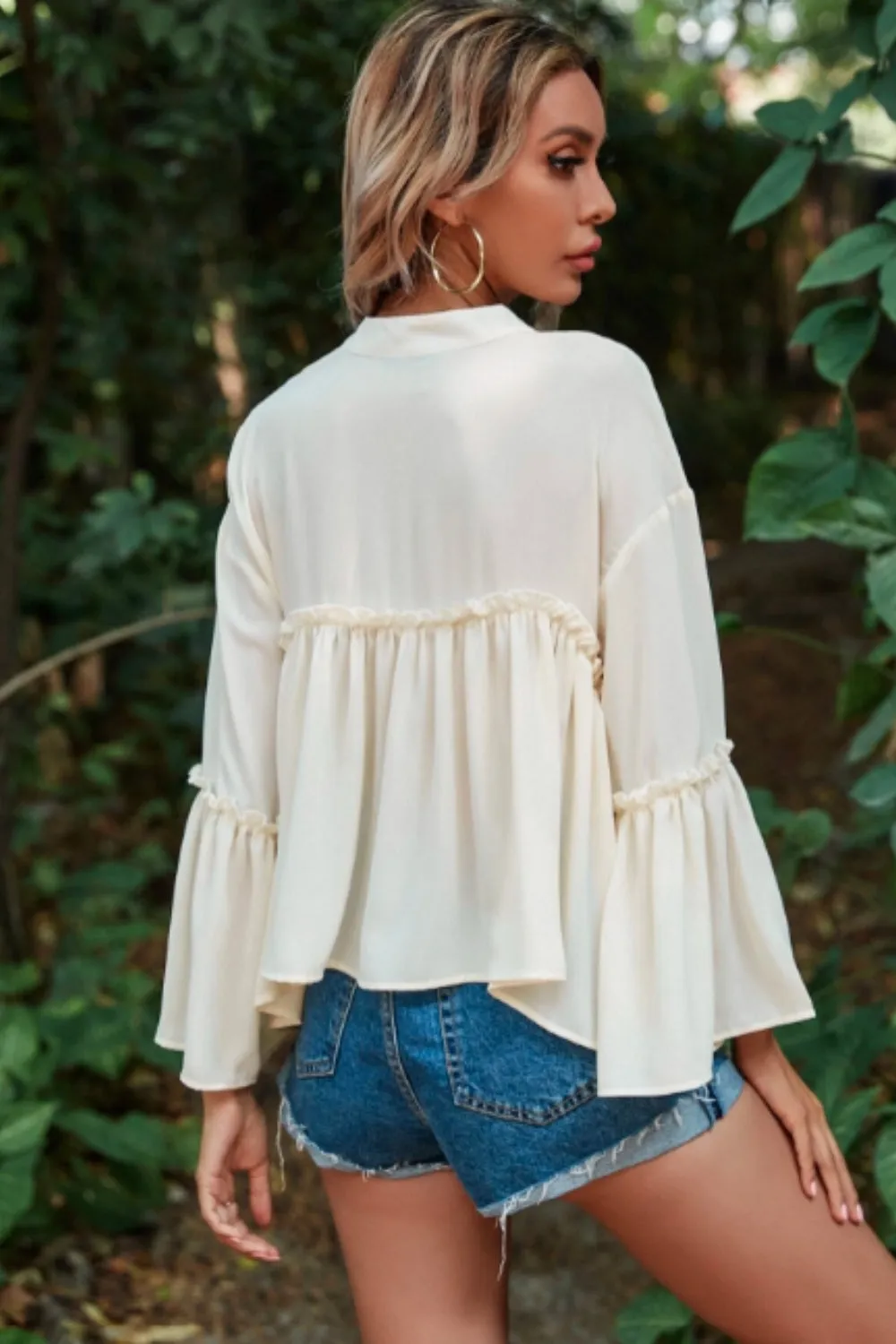 Notch Neck Frill Trim Flounce Sleeve Babydoll Blouse