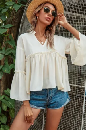 Notch Neck Frill Trim Flounce Sleeve Babydoll Blouse