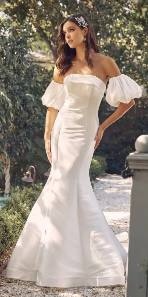 Nox Anabel JE966 Floor Length Mermaid Satin Gown Detachable Puff Sleeves