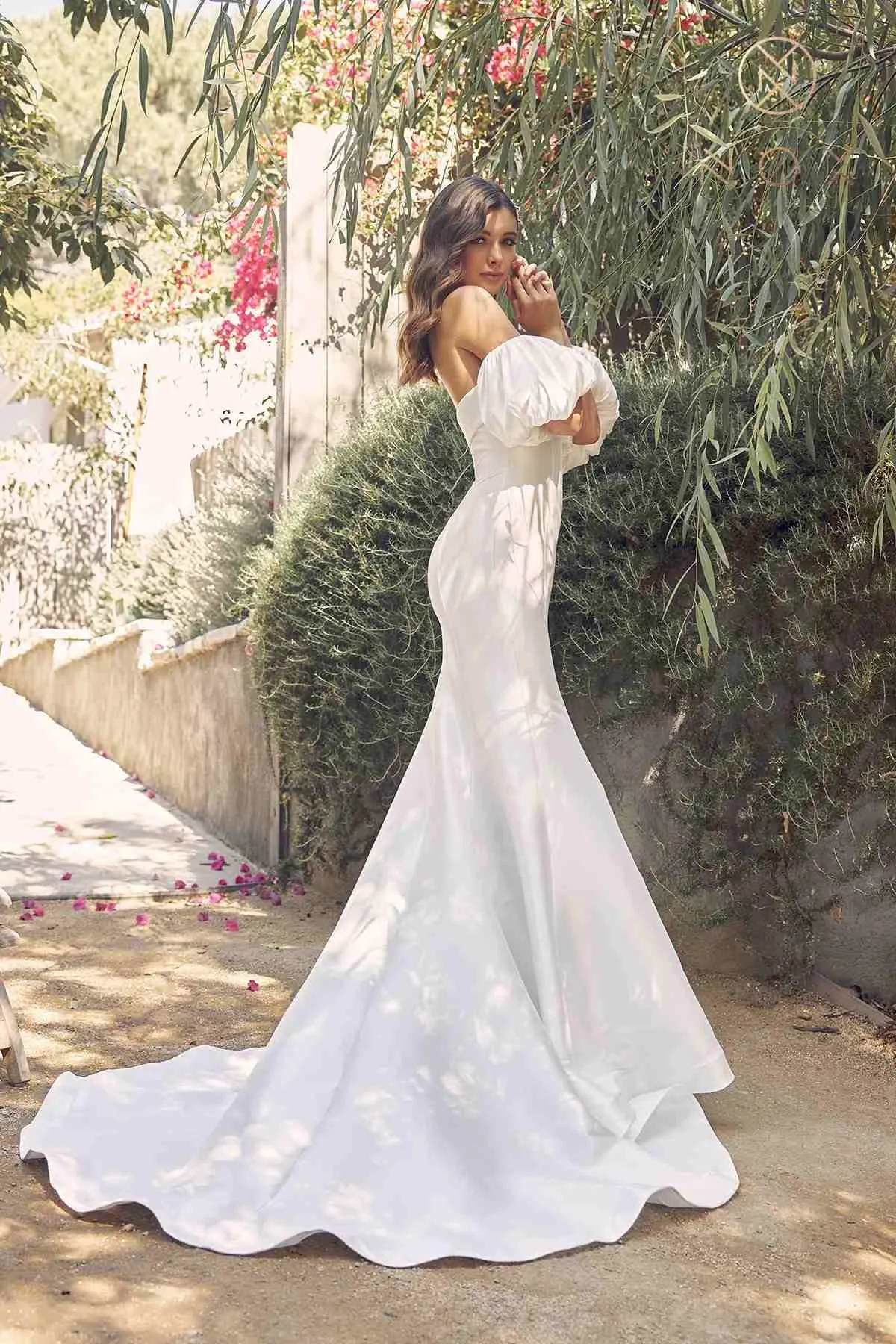 Nox Anabel JE966 Floor Length Mermaid Satin Gown Detachable Puff Sleeves