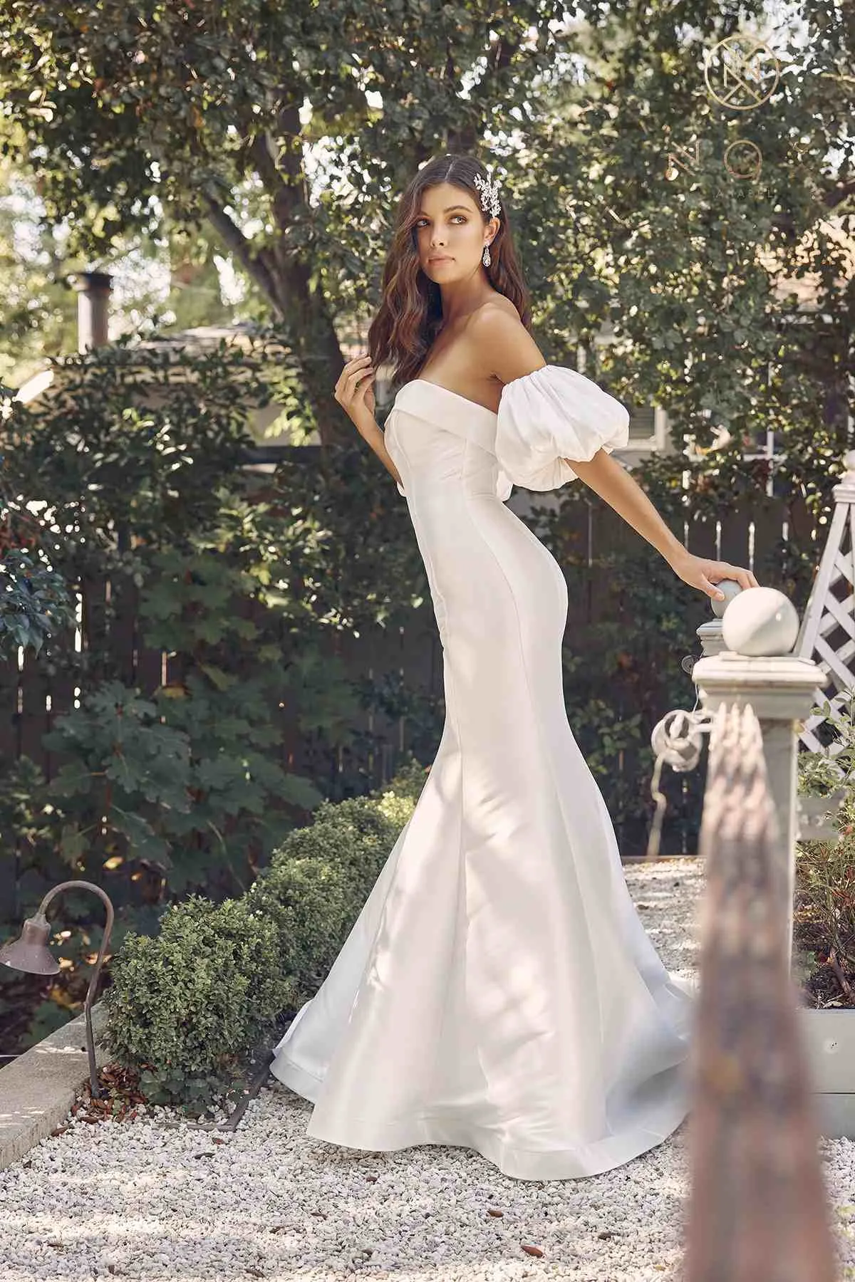 Nox Anabel JE966 Floor Length Mermaid Satin Gown Detachable Puff Sleeves