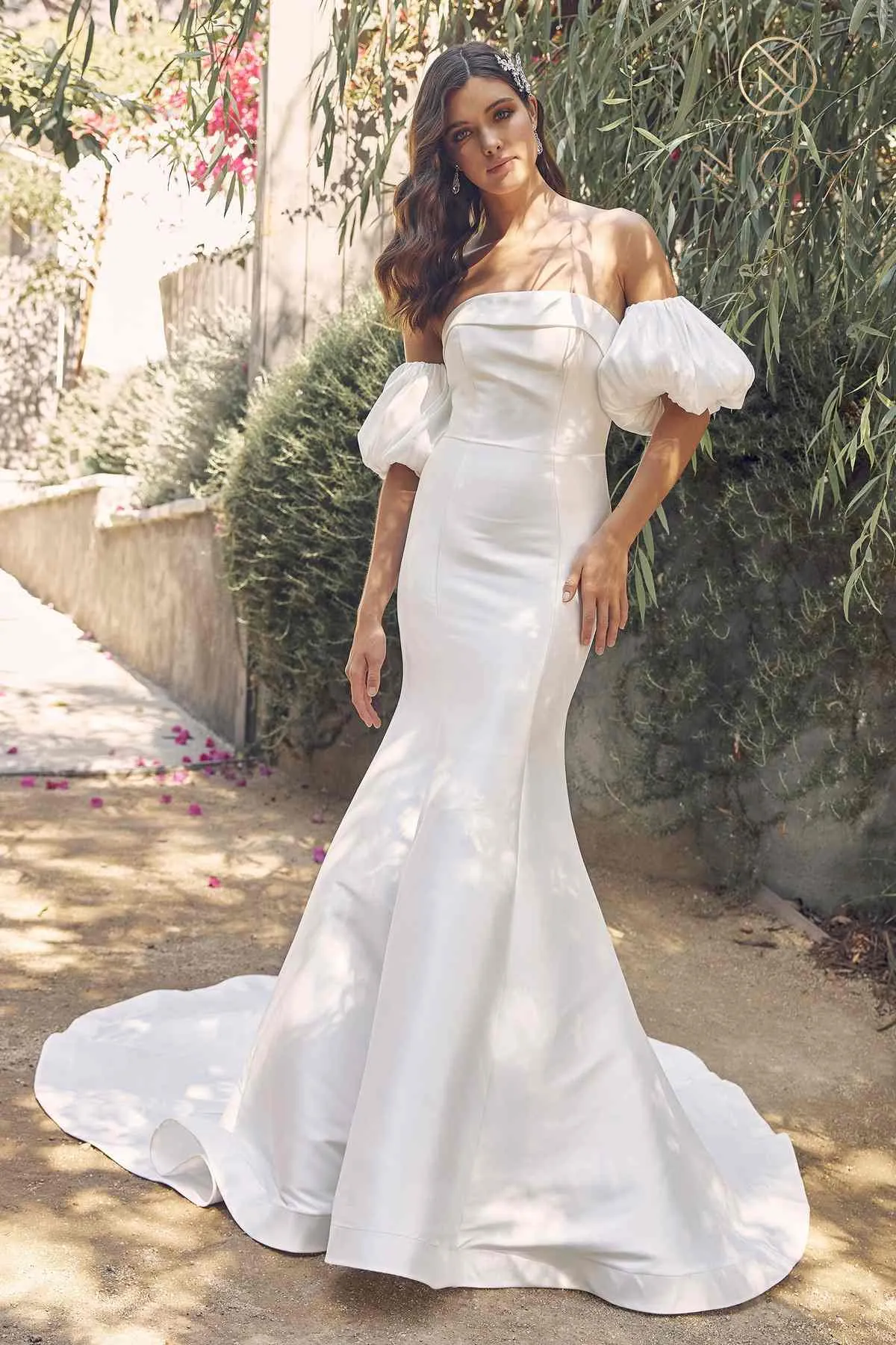 Nox Anabel JE966 Floor Length Mermaid Satin Gown Detachable Puff Sleeves