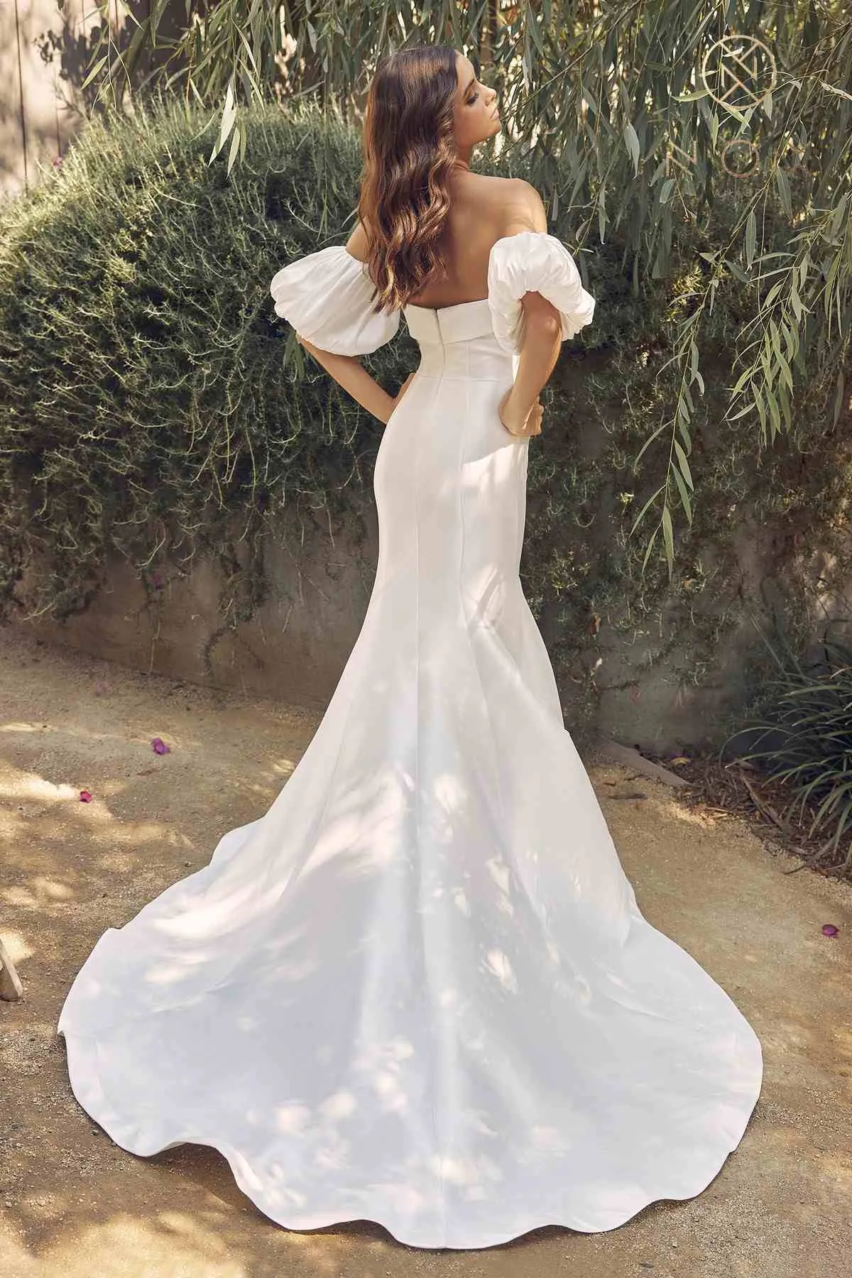 Nox Anabel JE966 Floor Length Mermaid Satin Gown Detachable Puff Sleeves