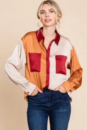 Oatmeal Camel Satin Colorblock Top with Pockets
