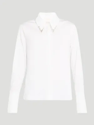 Object of Affection Stretch Satin Shirt with Crystal Collar in White