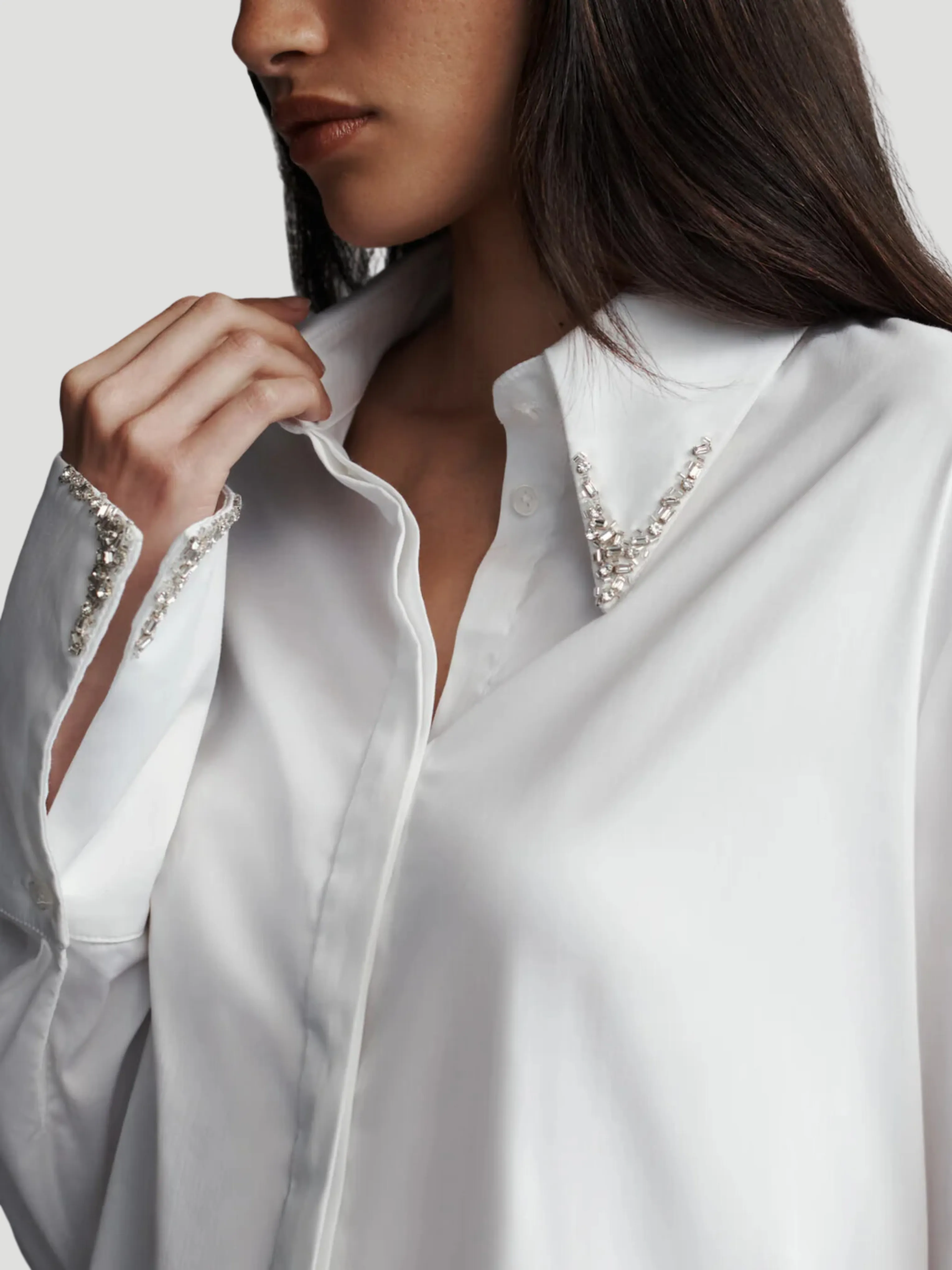 Object of Affection Stretch Satin Shirt with Crystal Collar in White