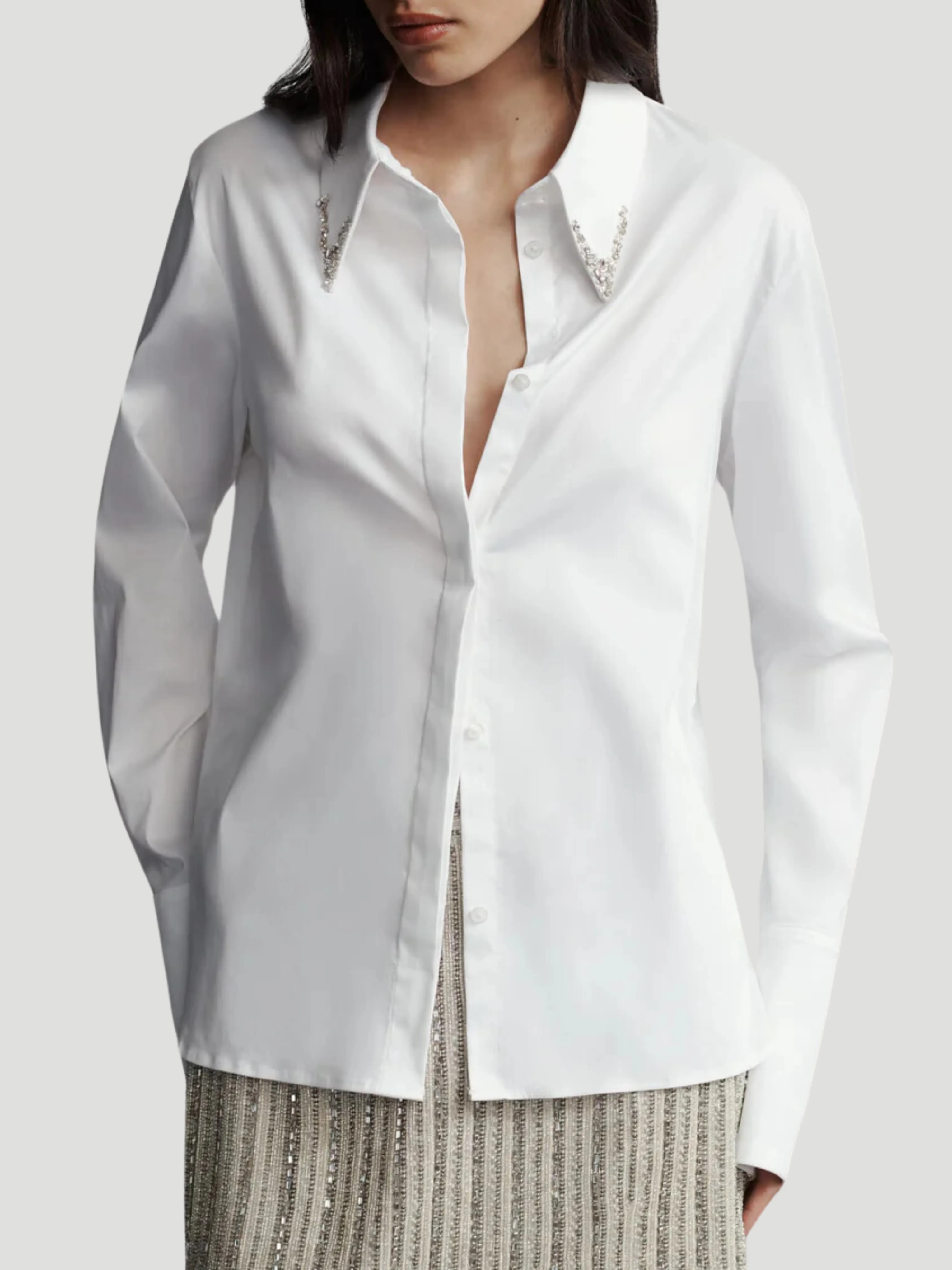 Object of Affection Stretch Satin Shirt with Crystal Collar in White