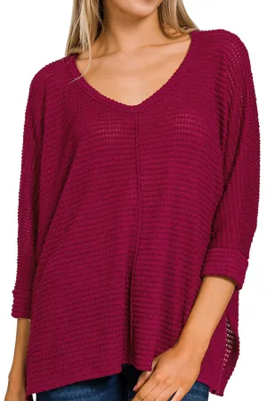 On The Way Up Cabernet 3/4 Sleeve Jacquard Sweater
