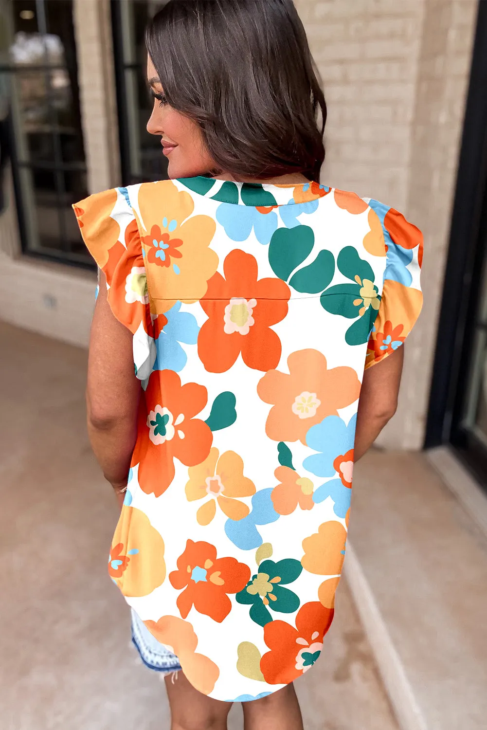 Orange Floral Notched V Neck Ruffled Sleeve Blouse