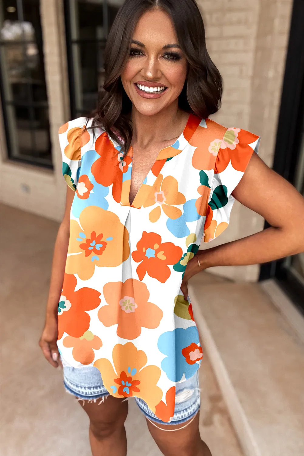 Orange Floral Notched V Neck Ruffled Sleeve Blouse