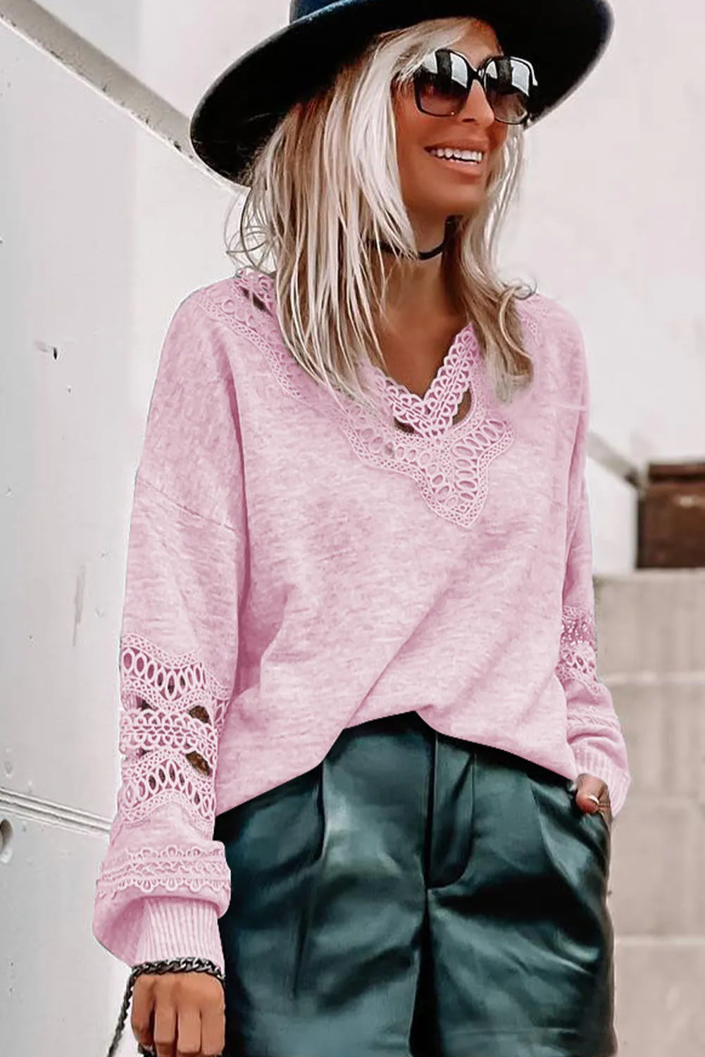 Pink Gray Hollowed Lace Splicing V Neck Long Sleeve Top