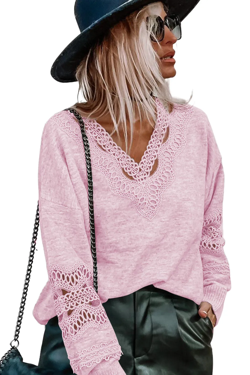 Pink Gray Hollowed Lace Splicing V Neck Long Sleeve Top