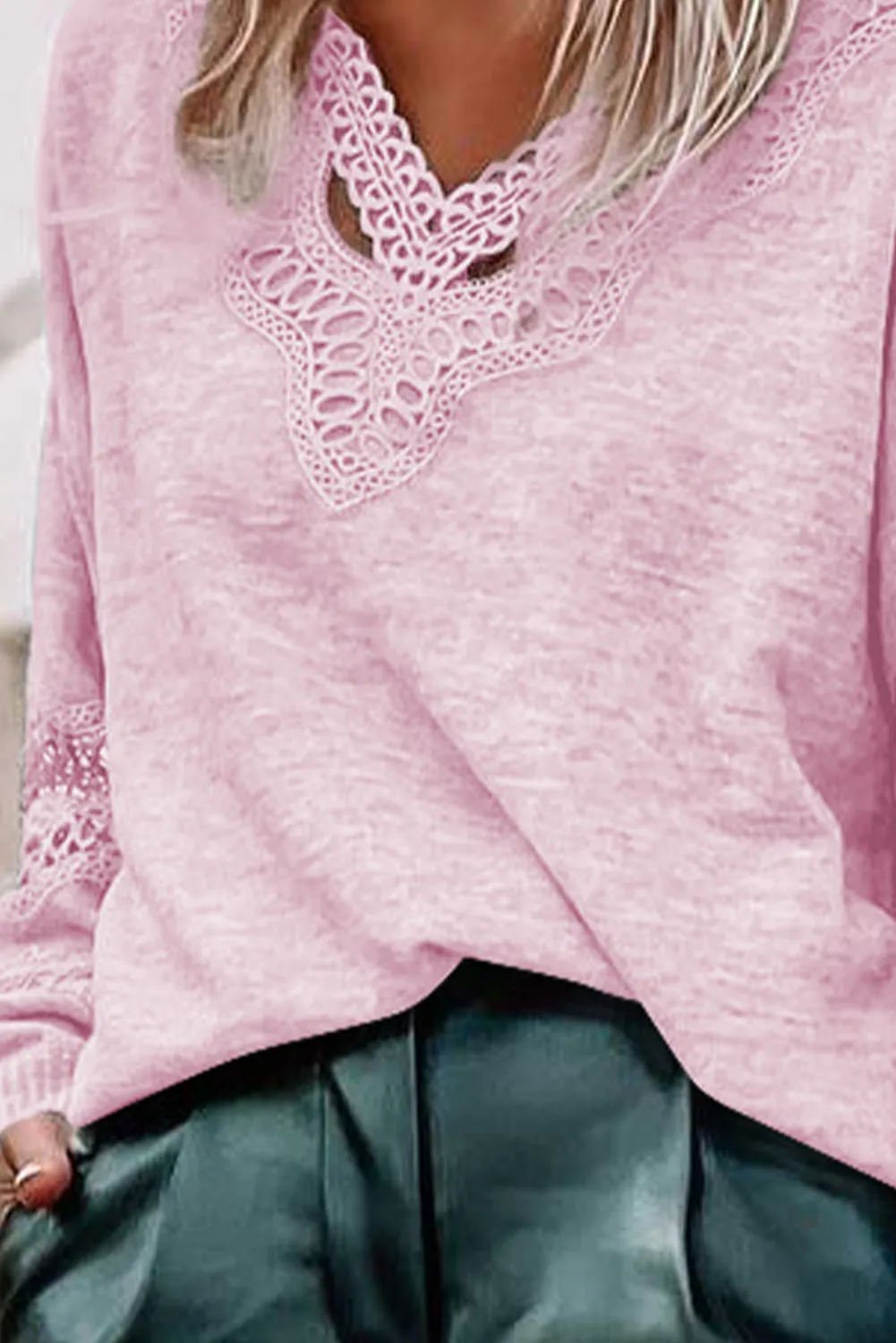 Pink Gray Hollowed Lace Splicing V Neck Long Sleeve Top