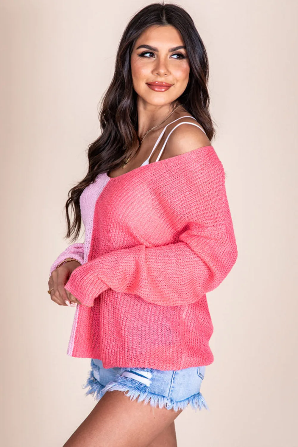 Pink Long Sleeve V-Neck Colorblock Sweater