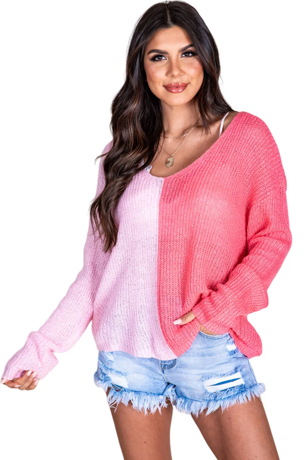 Pink Long Sleeve V-Neck Colorblock Sweater