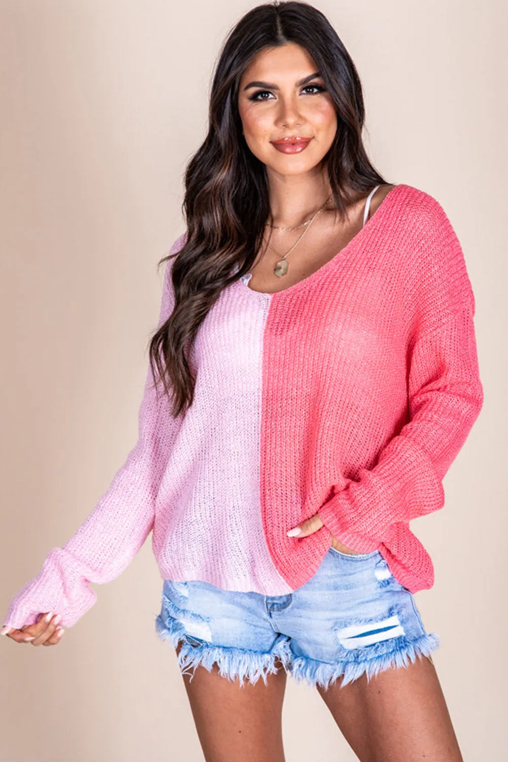 Pink Long Sleeve V-Neck Colorblock Sweater