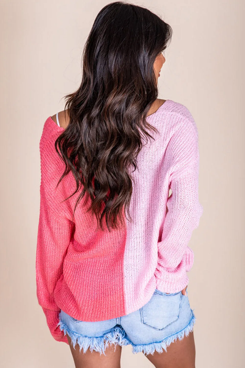 Pink Long Sleeve V-Neck Colorblock Sweater