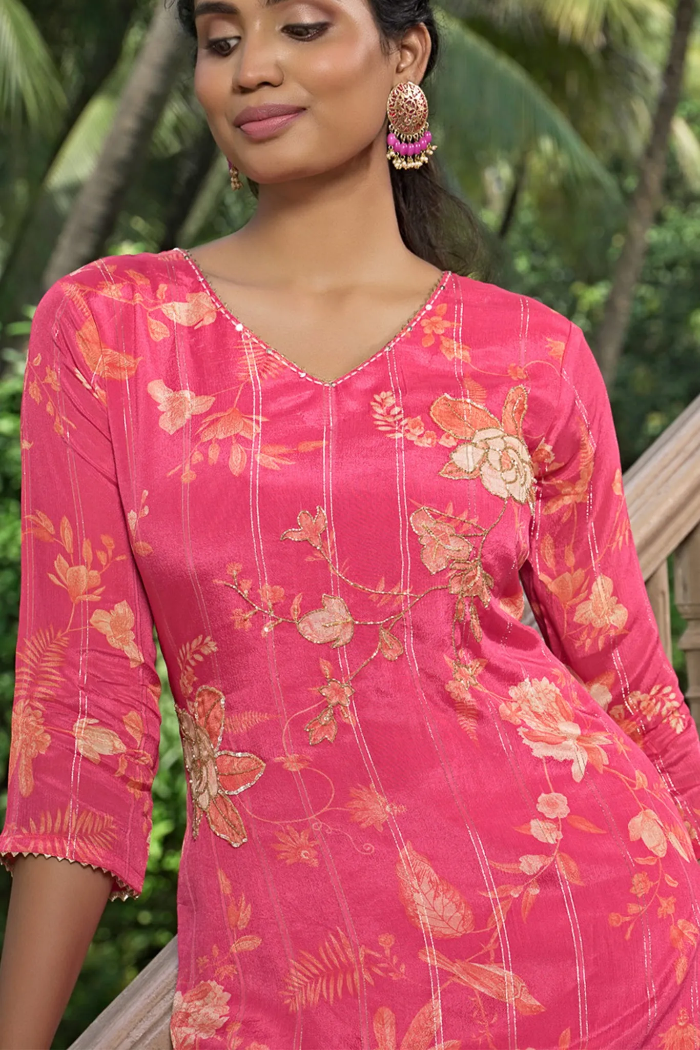 Pink Lurex (golden lines) Kurta Set with Handwork
