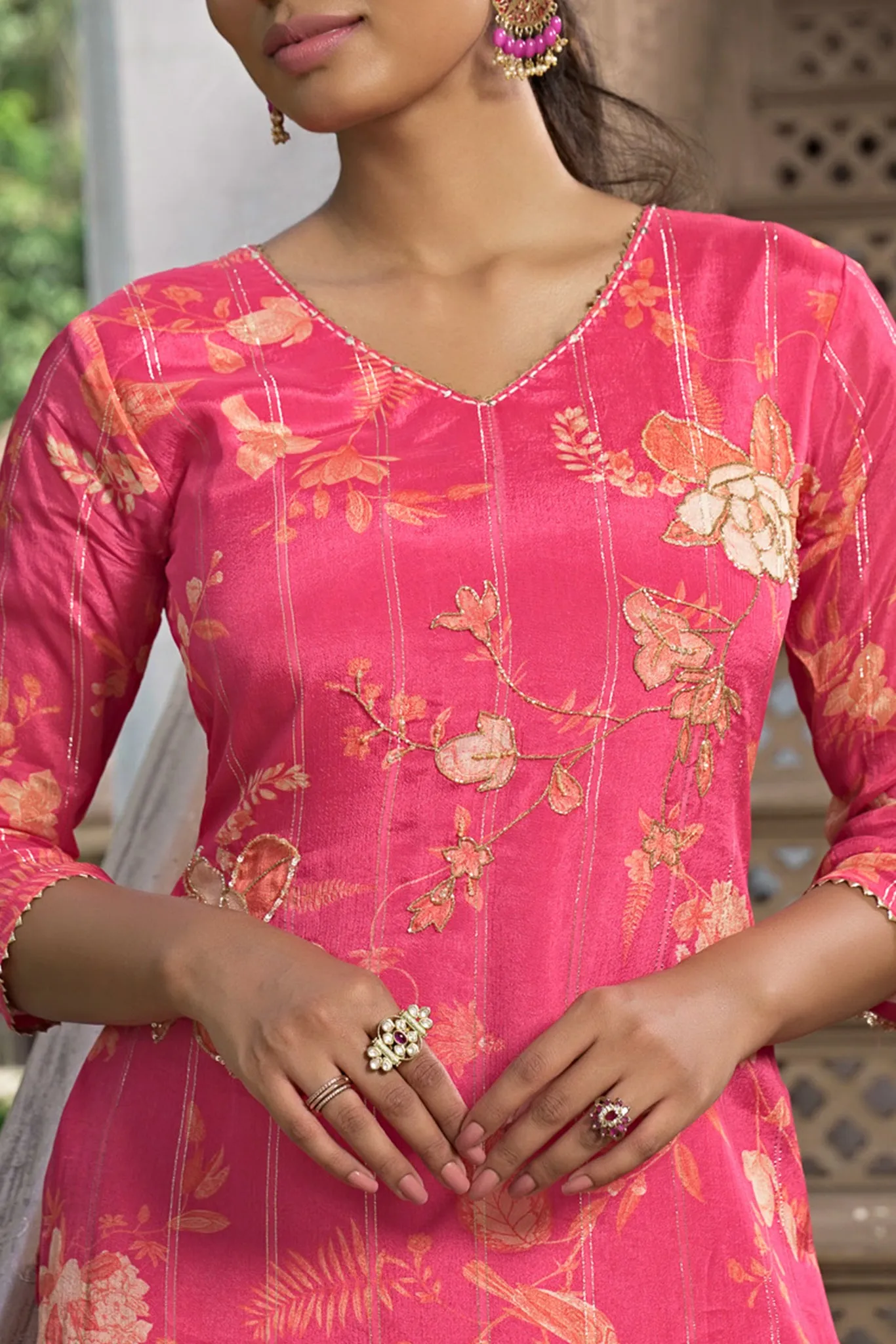 Pink Lurex (golden lines) Kurta Set with Handwork
