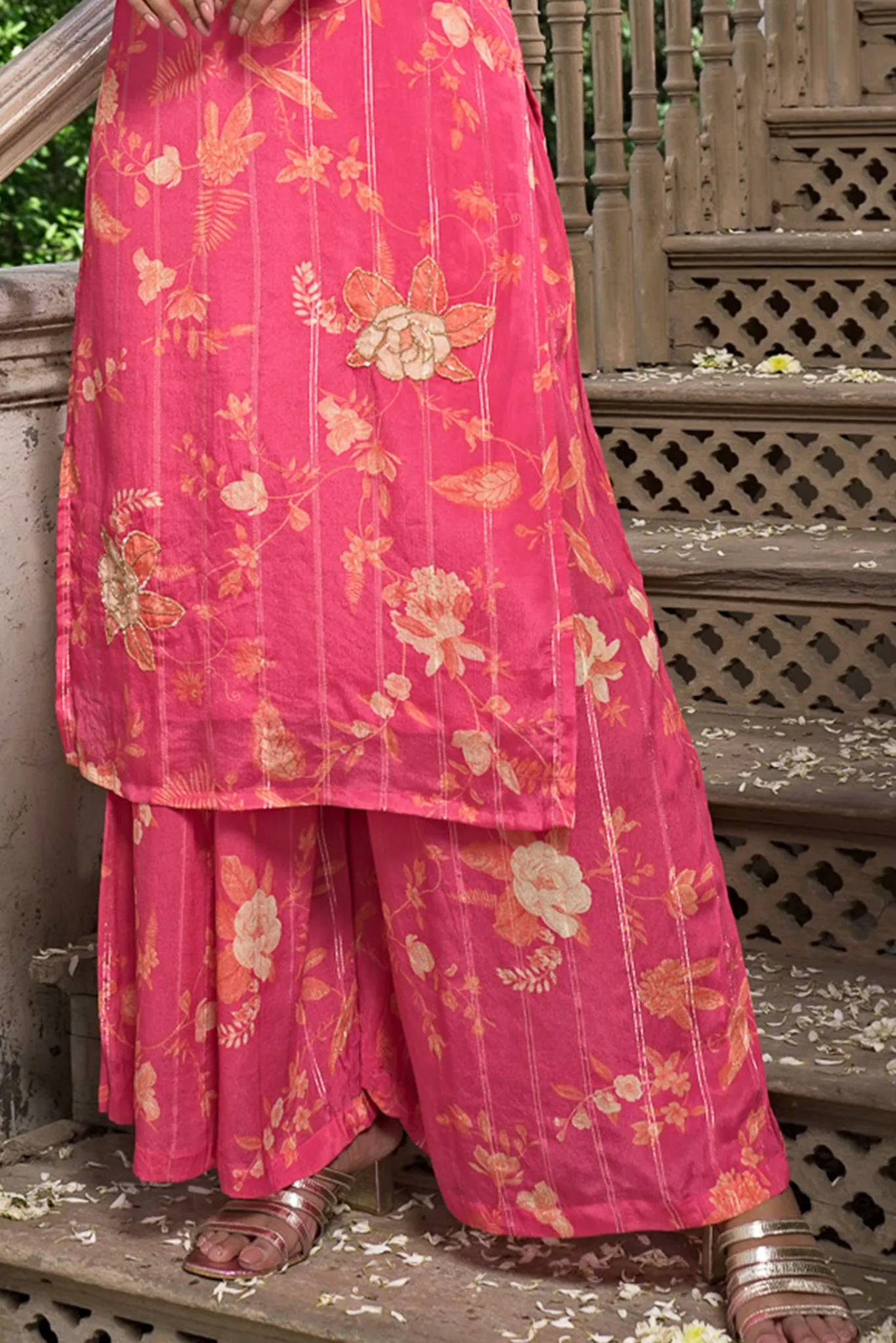 Pink Lurex (golden lines) Kurta Set with Handwork