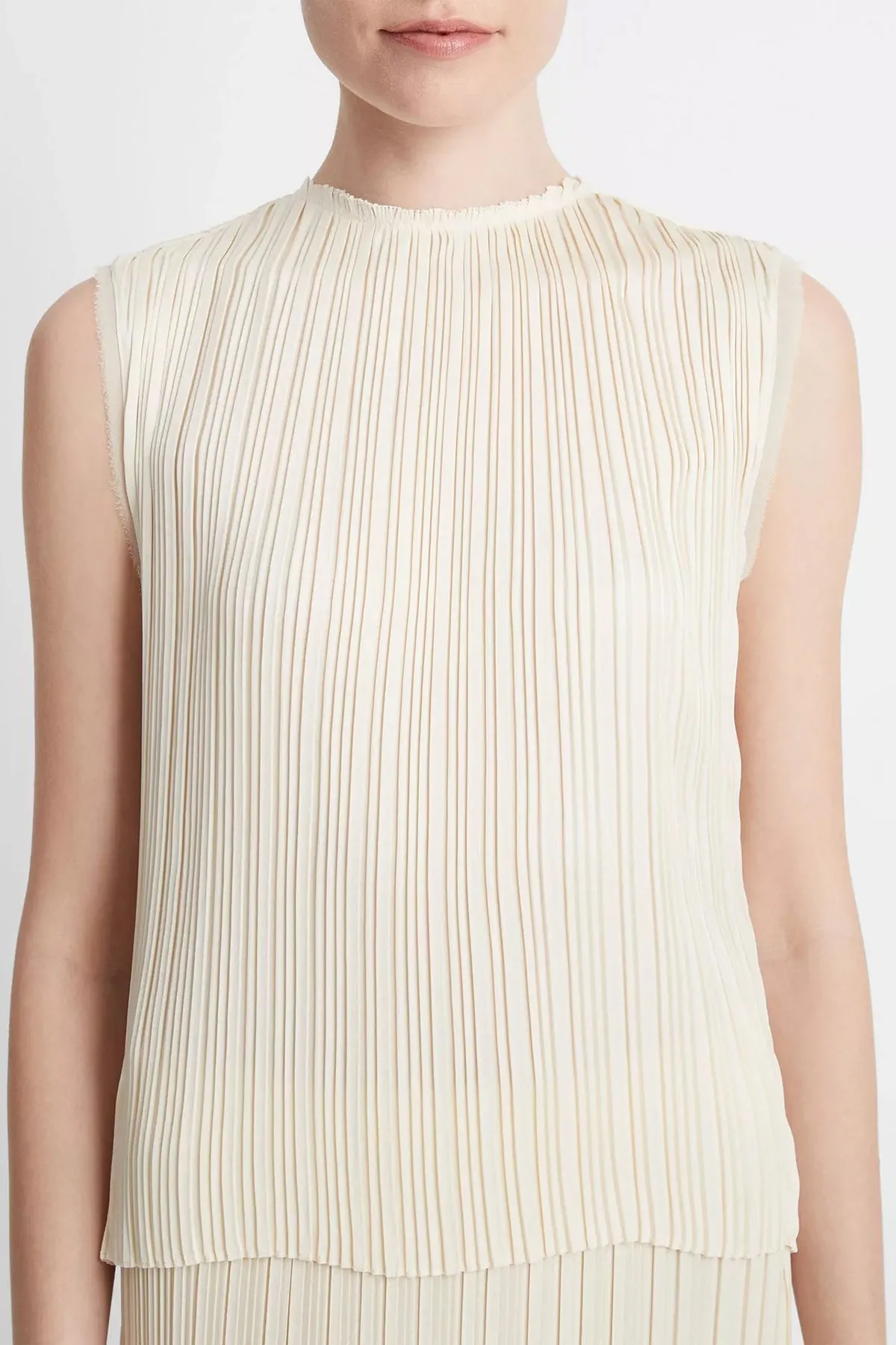 Pleated Satin Crew Neck Shell in Bell