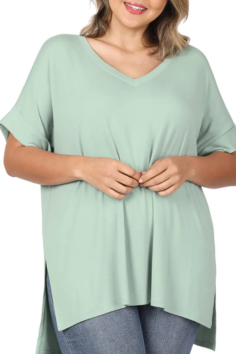 Plus Size Dusty Green Rolled Short Sleeve V-Neck Top