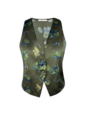 Printed Silk Vest - Moss Green Flora Garden Print