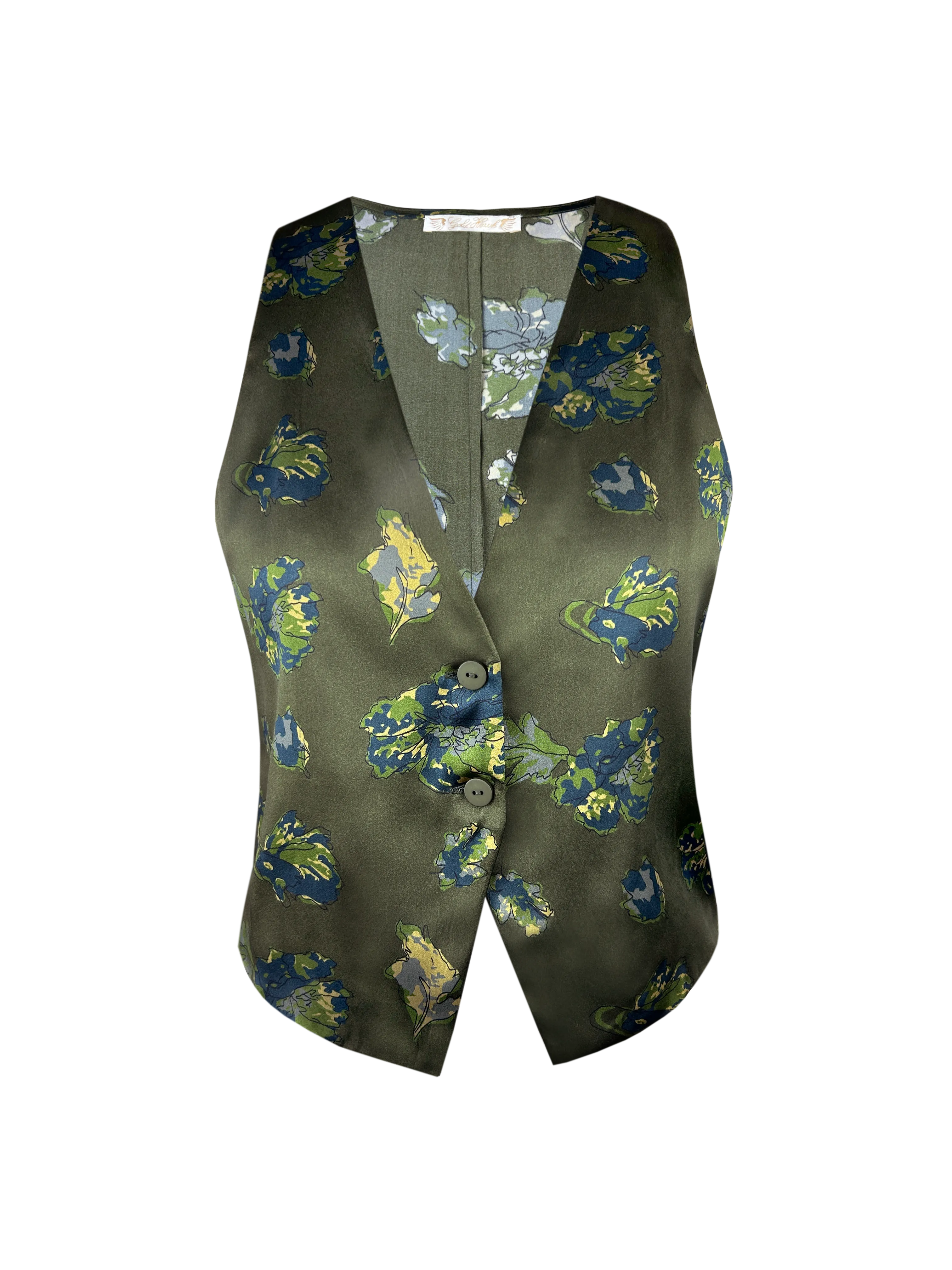 Printed Silk Vest - Moss Green Flora Garden Print