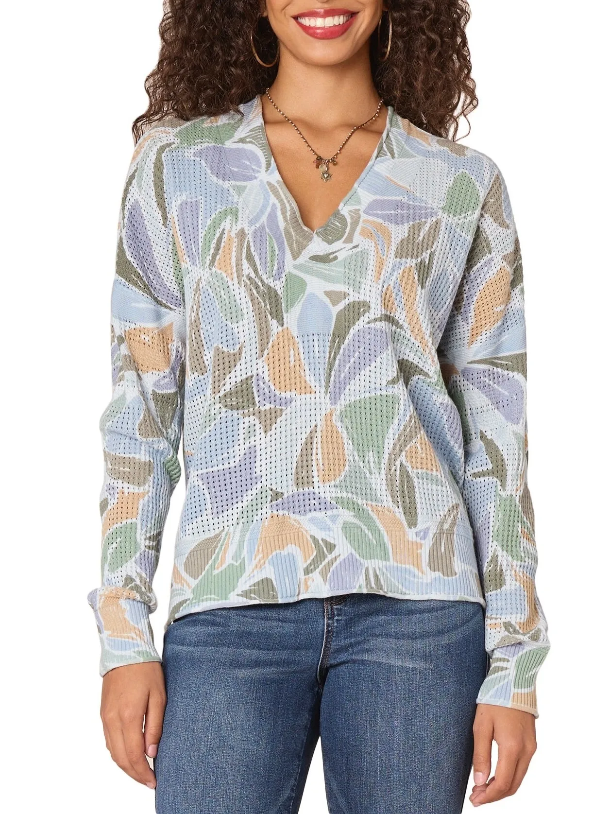 Printed Waffle Sweater - Blue