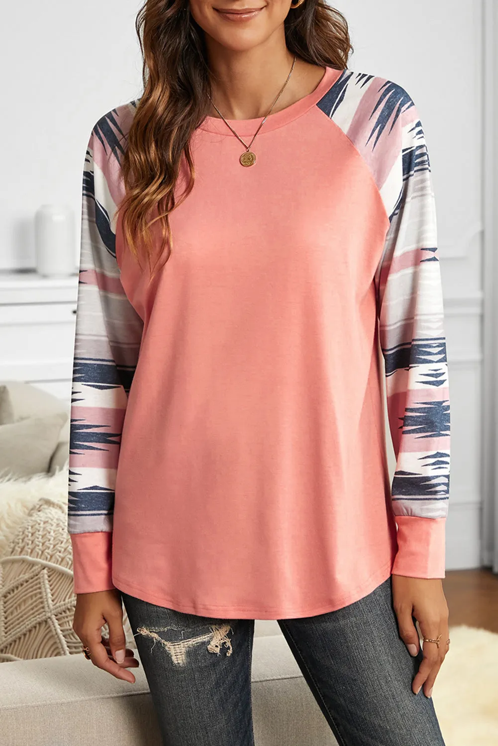 Raglan Long Sleeve Geometric Print Top