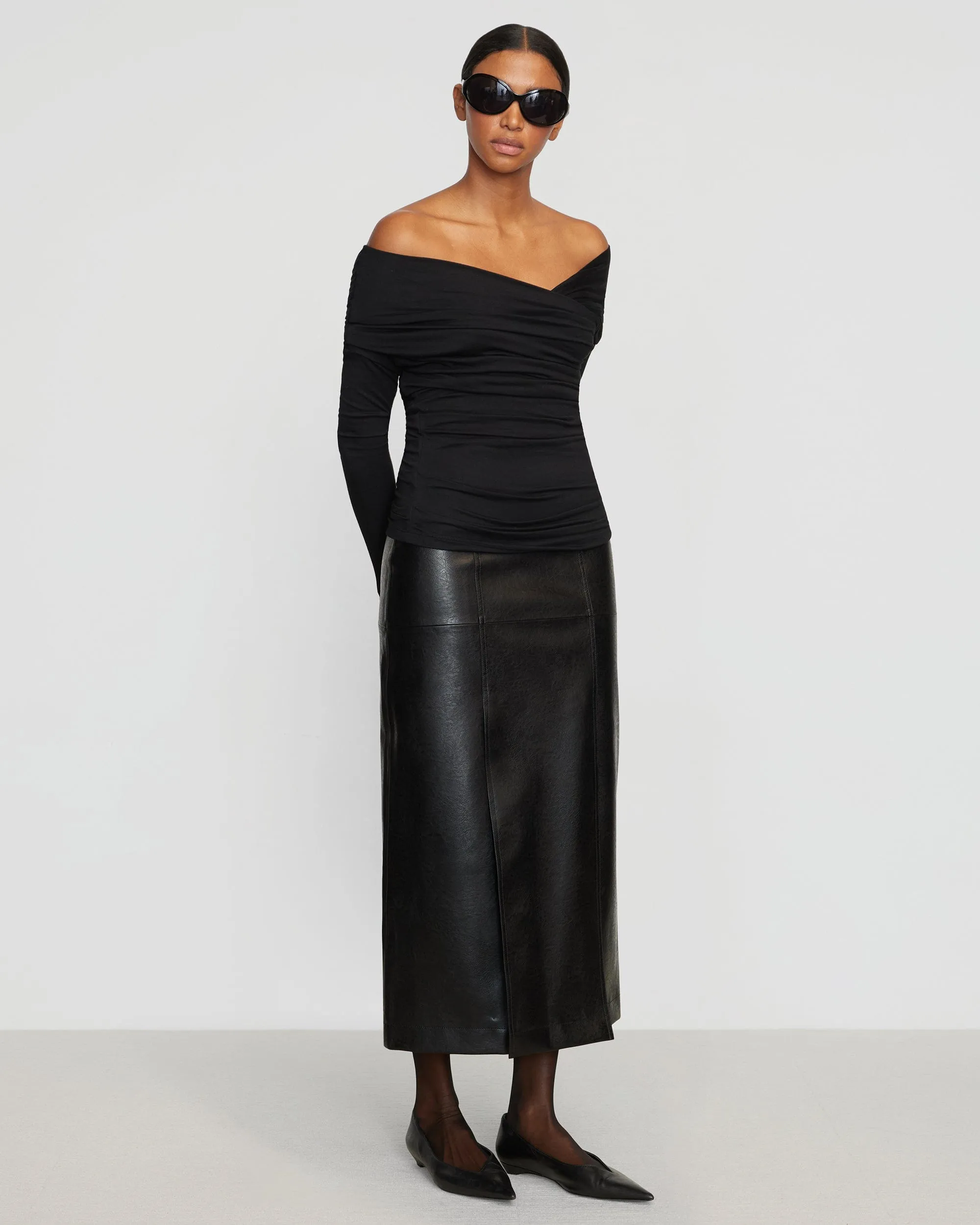 Rama Front-Vent Vegan Leather Skirt