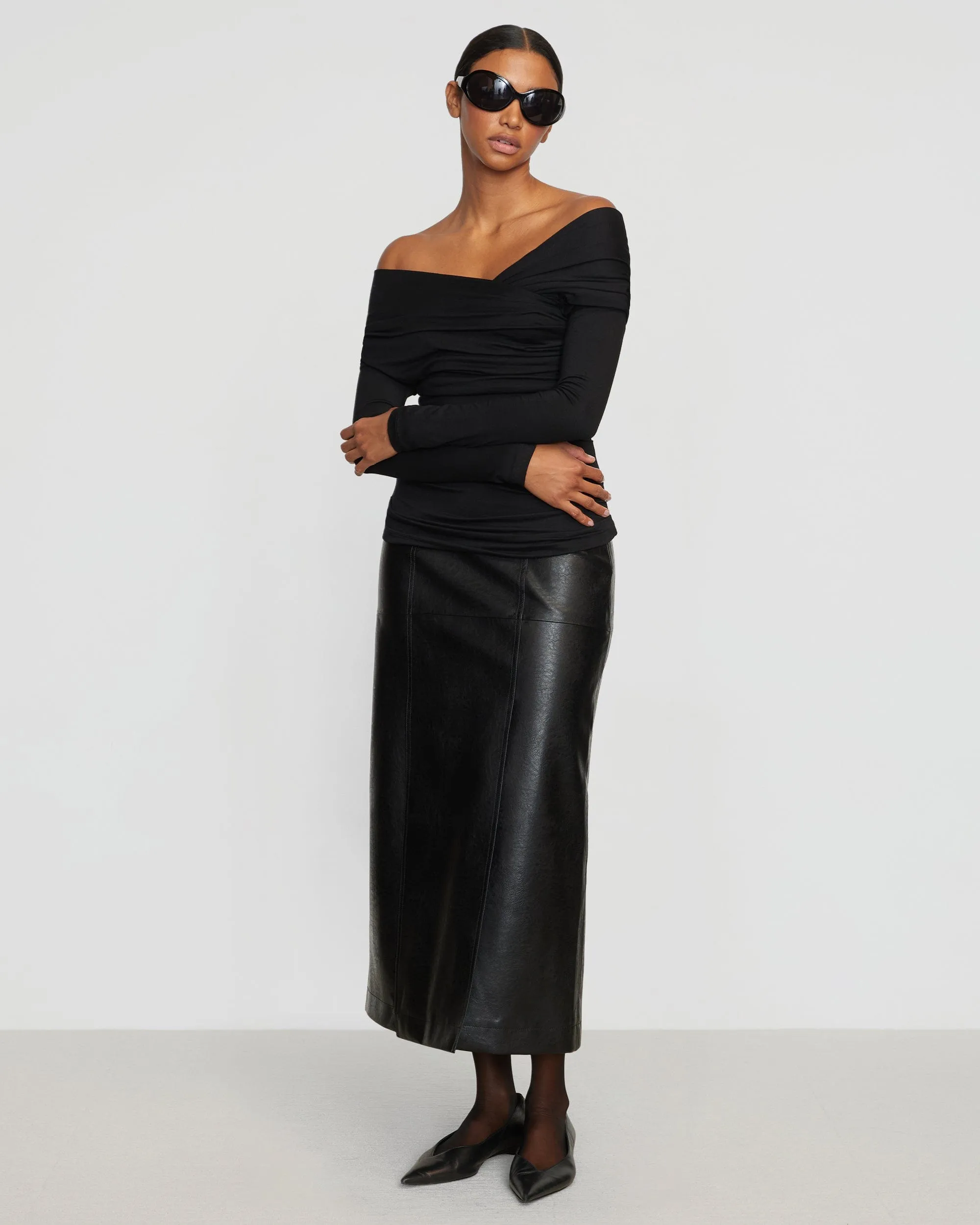 Rama Front-Vent Vegan Leather Skirt