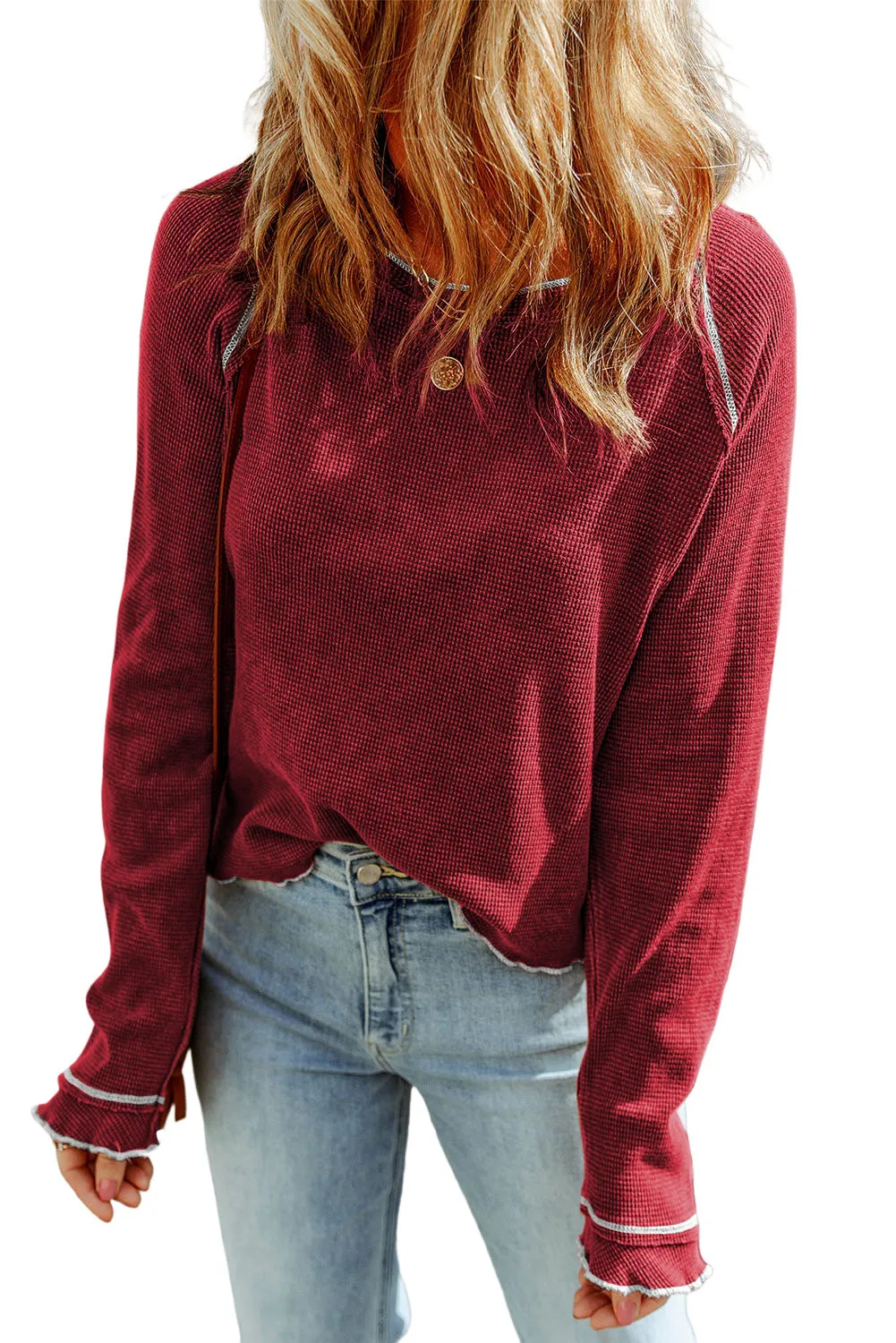Red Brown Textured Round Neck Long Sleeve Top