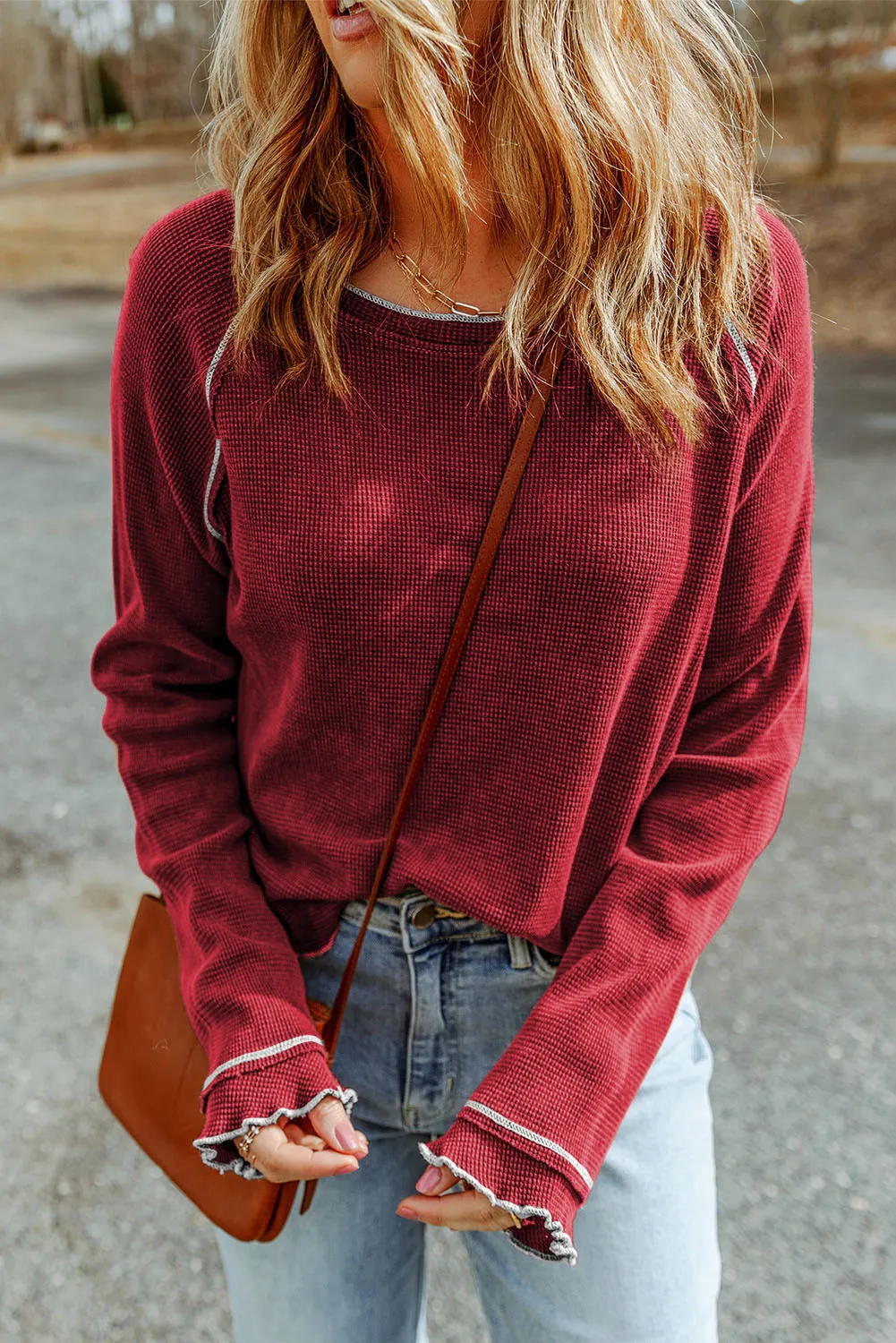 Red Brown Textured Round Neck Long Sleeve Top