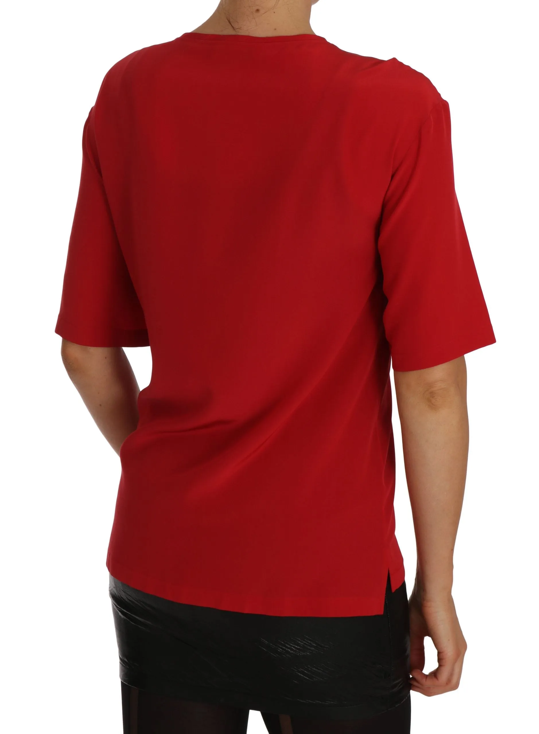 Red Silk Blouse Solid Short Sleeved Top